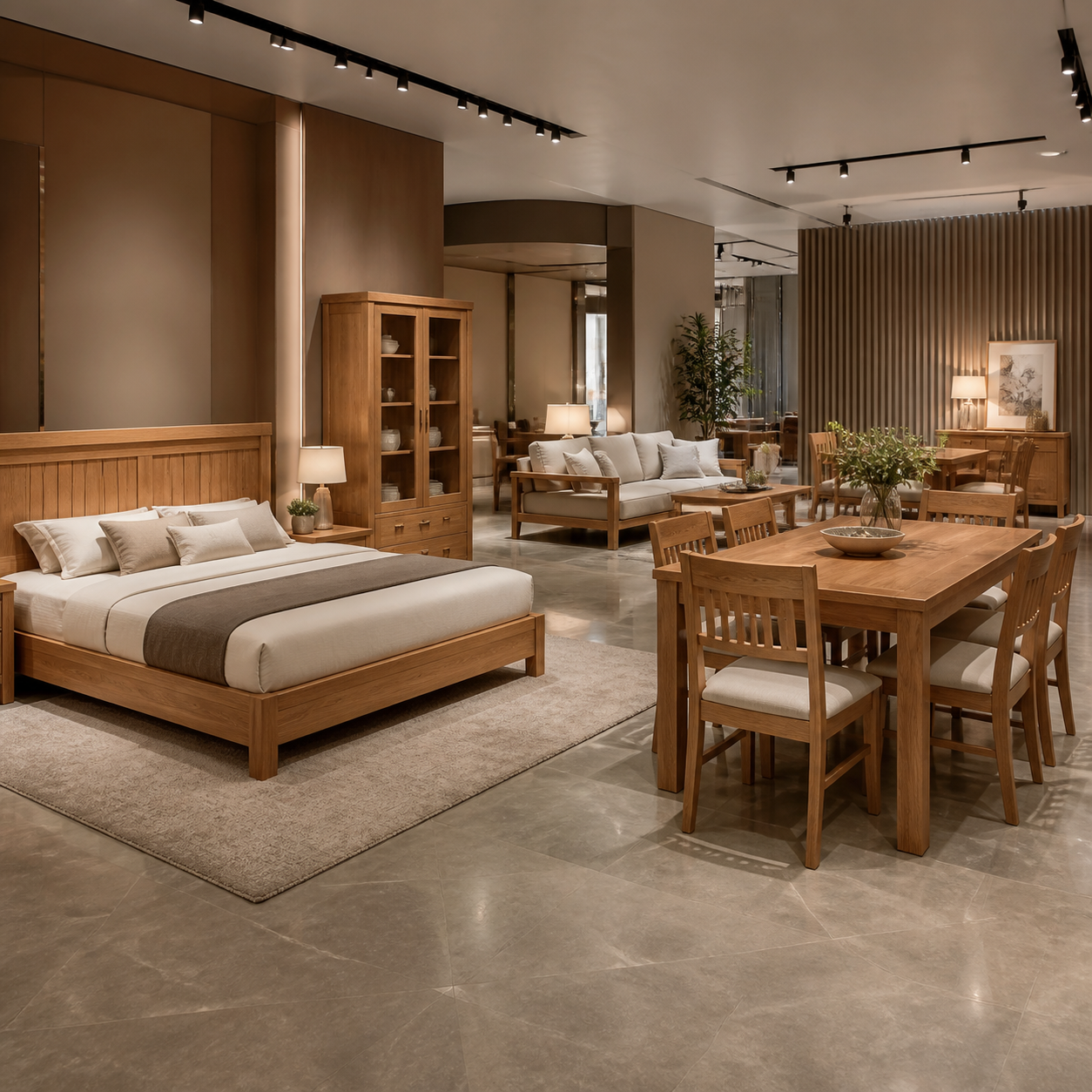 Solid red oak bedroom living and dining furniture showroom